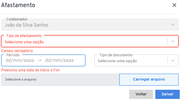 I1619 - Afastamento - campos obrigatórios 9