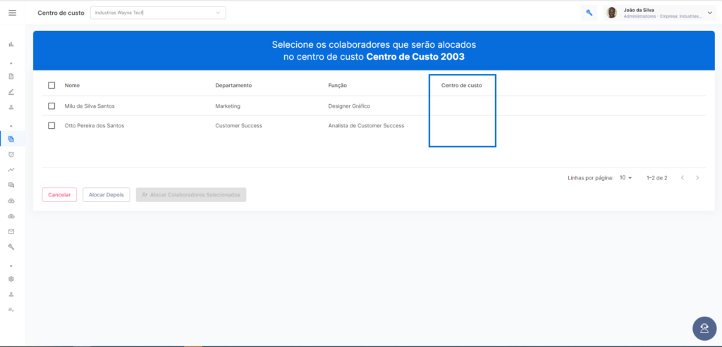 I2060 - Sem centros de custo gerados