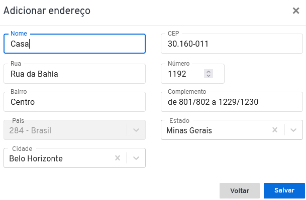 I550 - Caixa suspensa “Adicionar endereço” preenchida